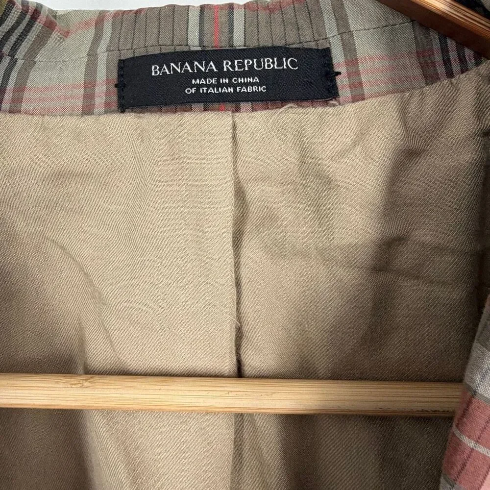 Banana Republic Beige Gray Pink Shabby Chic Plaid Tailored Slim Blazer Size 38